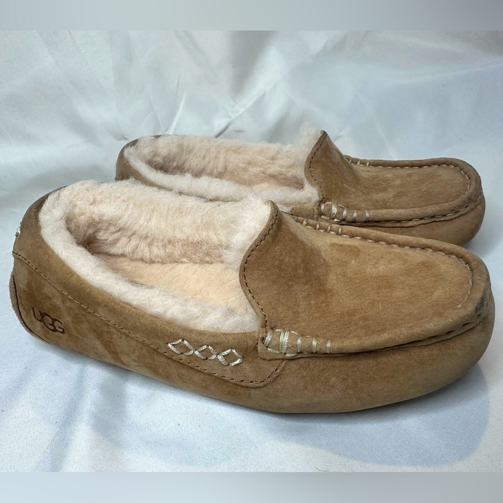 UGG Tan Suede Sheepskin-Lined Moccasin Slippers